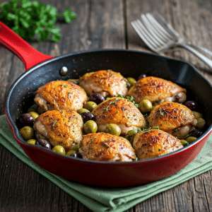 Chicken with olives in skillet