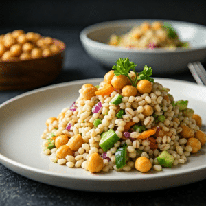 Colorful barley salad with chickpeas
