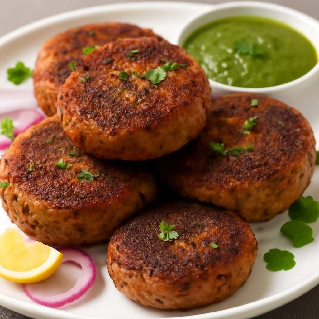 What Are the Most Famous Foods of Uttar Pradesh? 2 Galouti kebabs served on a plate with chutney onions and traditional accompaniments