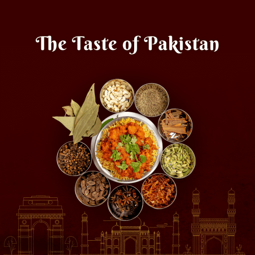 Illustration of Pakistani cuisine spices with maroon background holding the text The taste of Pakistan