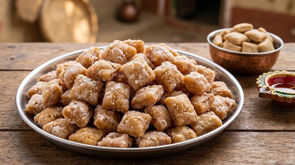 What Are the 20 Must-Try Chhattisgarh Famous Food Dishes? 9 Khurma crispy sweet wheat crisps from Chhattisgarh coated in light sugar syrup