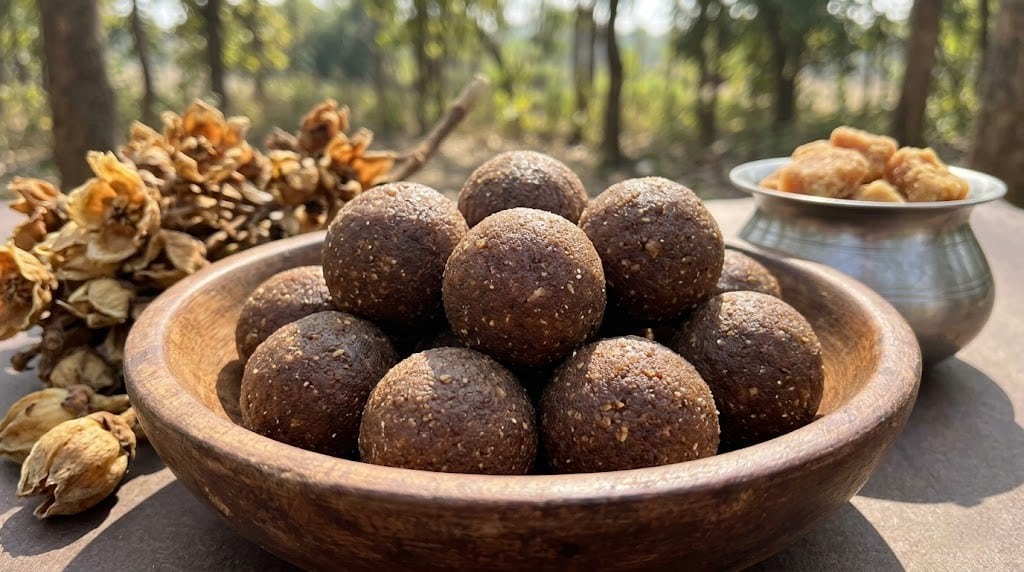What Are the 20 Must-Try Chhattisgarh Famous Food Dishes? 20 Mahua Ladoo a traditional Chhattisgarh sweet made from dried mahua flowers and jaggery