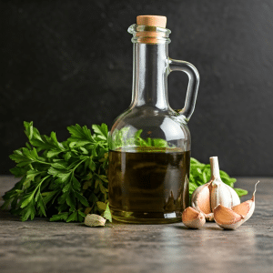 Olive oil bottle with herbs 