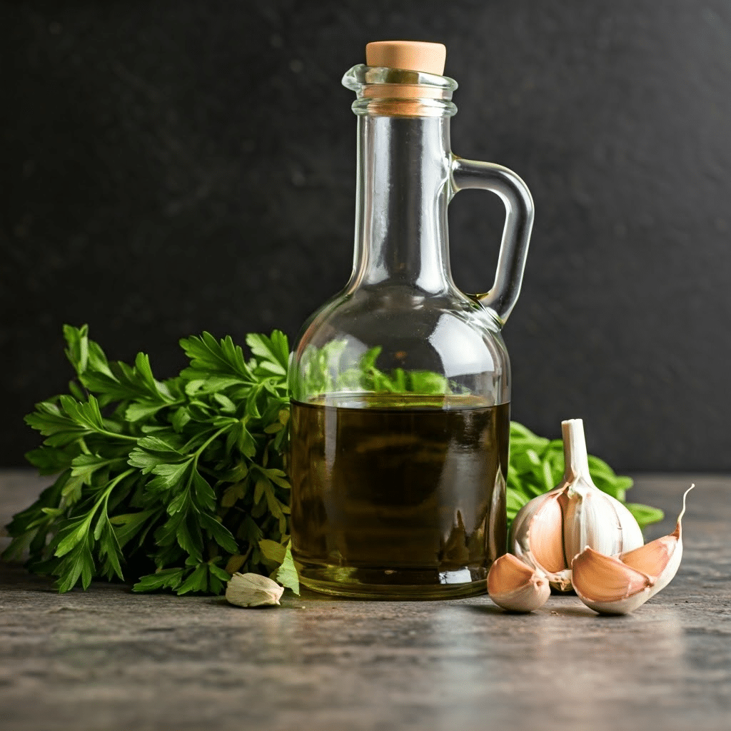 Olive oil bottle with herbs 