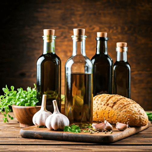 Olive oil bottles with ingredients