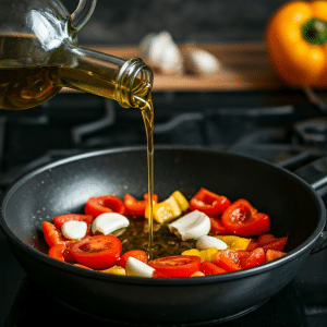 Olive oil poured on veggies 