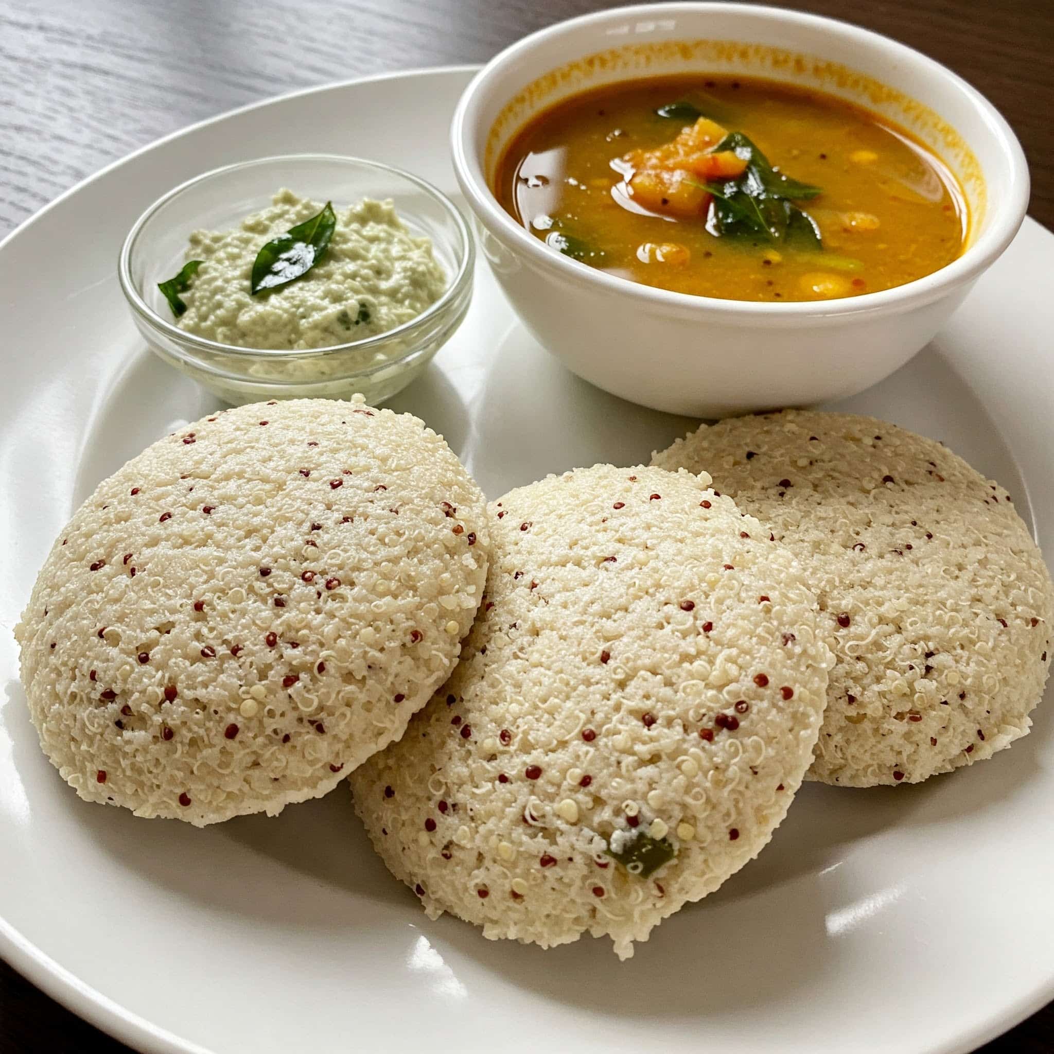 Quinoa Idli with Coconut Chutney and Sambar