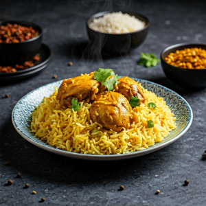 Steaming chicken pulao plate