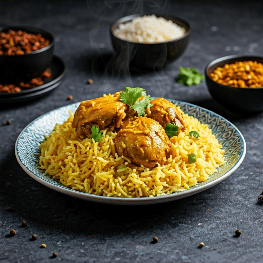 Steaming chicken pulao plate