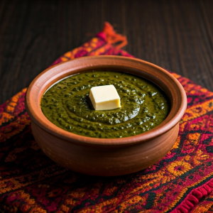 Traditional Saag dish in clay bowl 