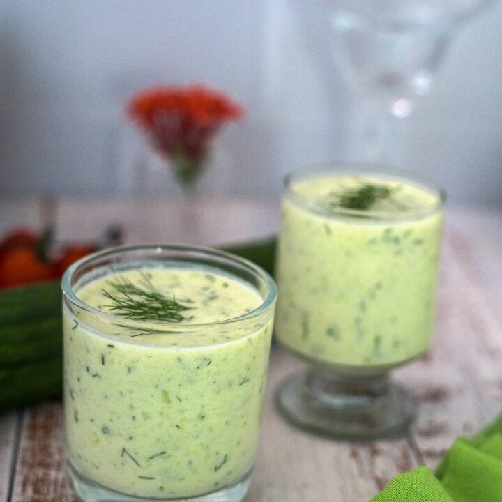 Two glasses of Creamy Cucumber Dill Soup