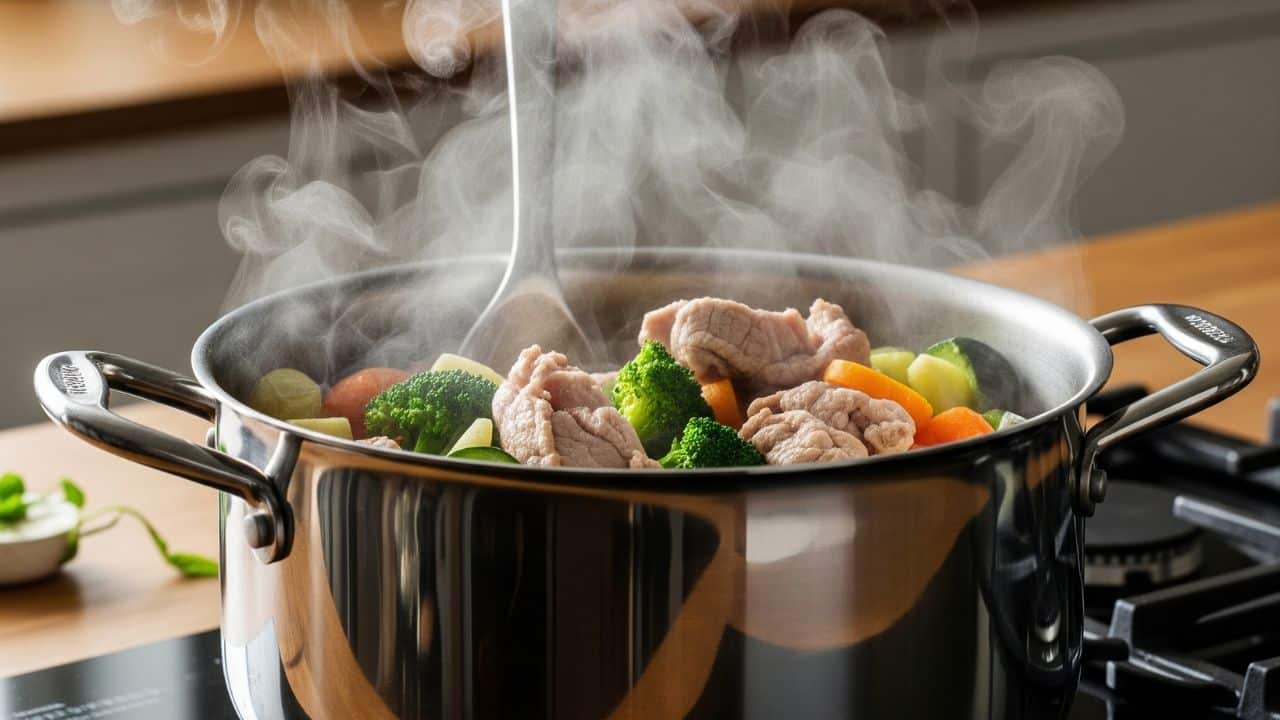 Steaming pot of meat and vegetables
