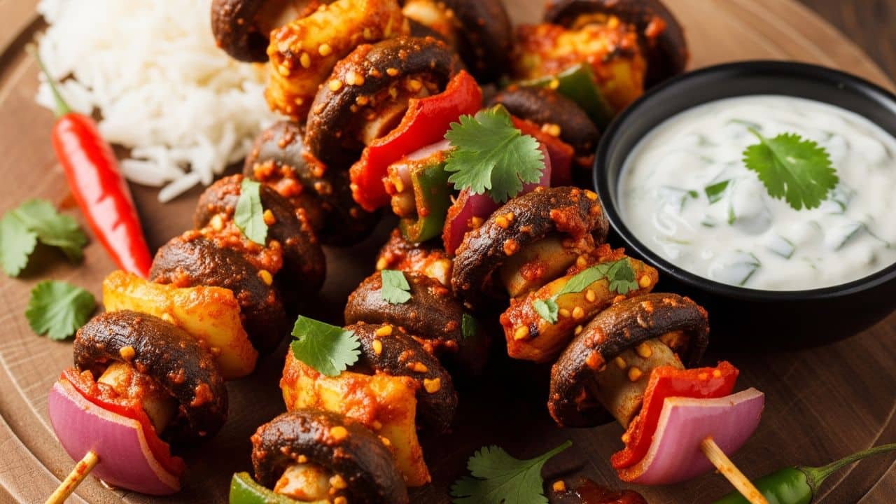 indian bbq Achari Mushroom Skewers