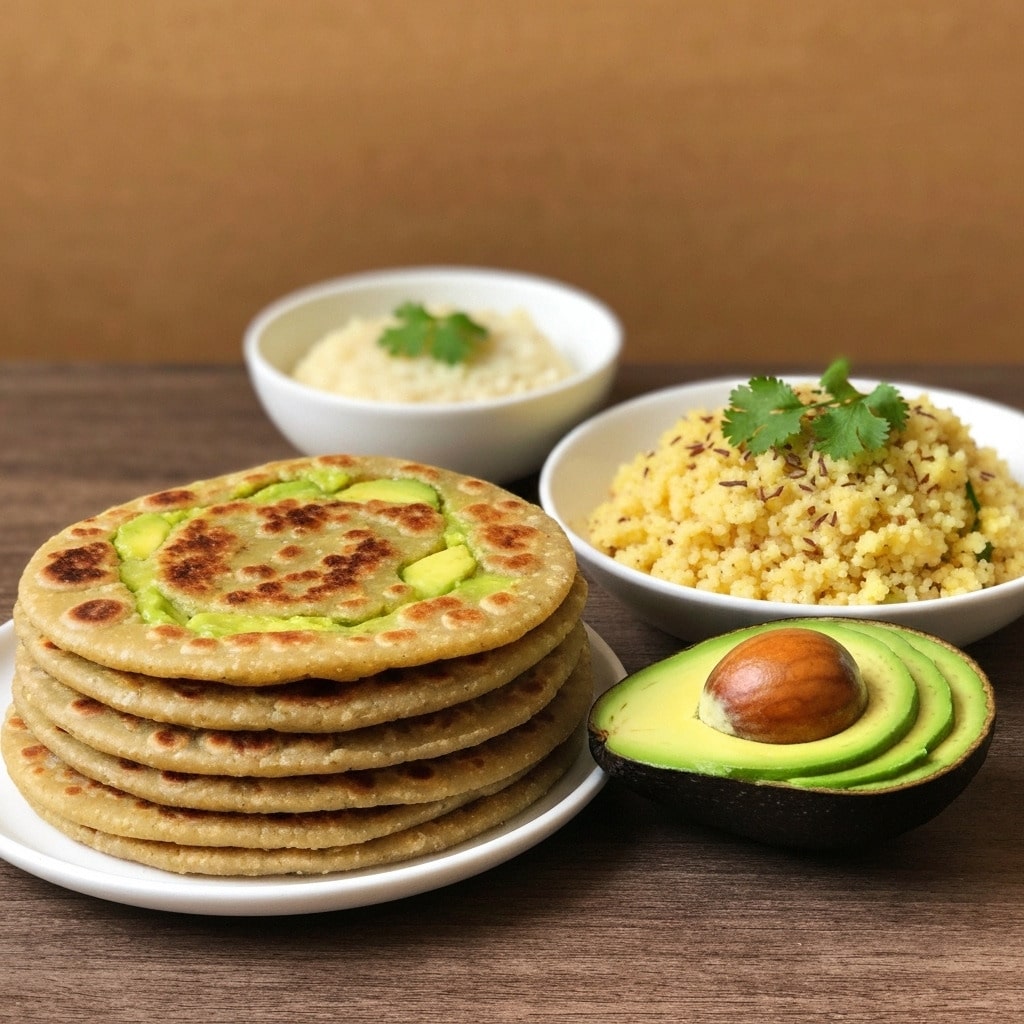 Avocado paratha and upma breakfast spread