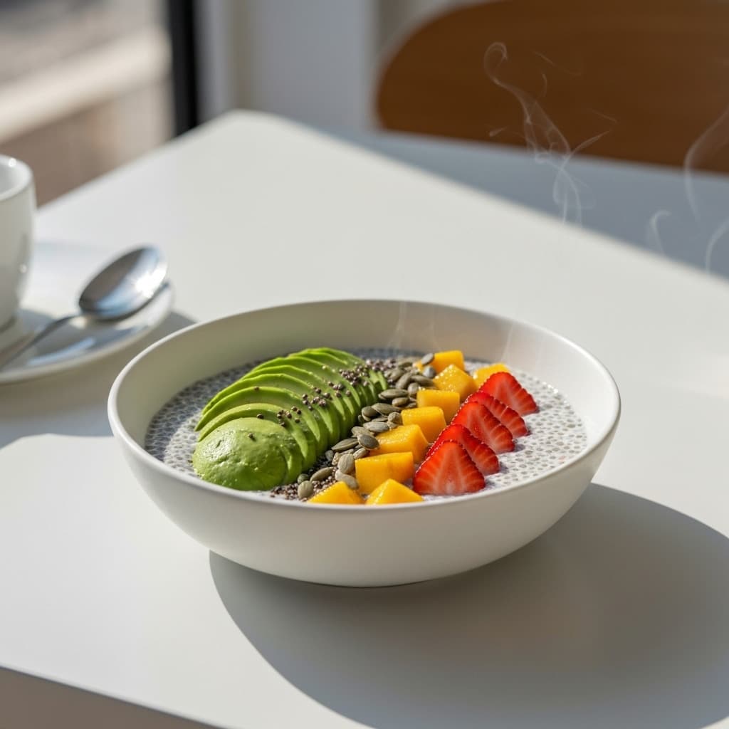 Chia pudding with avocado and fruits