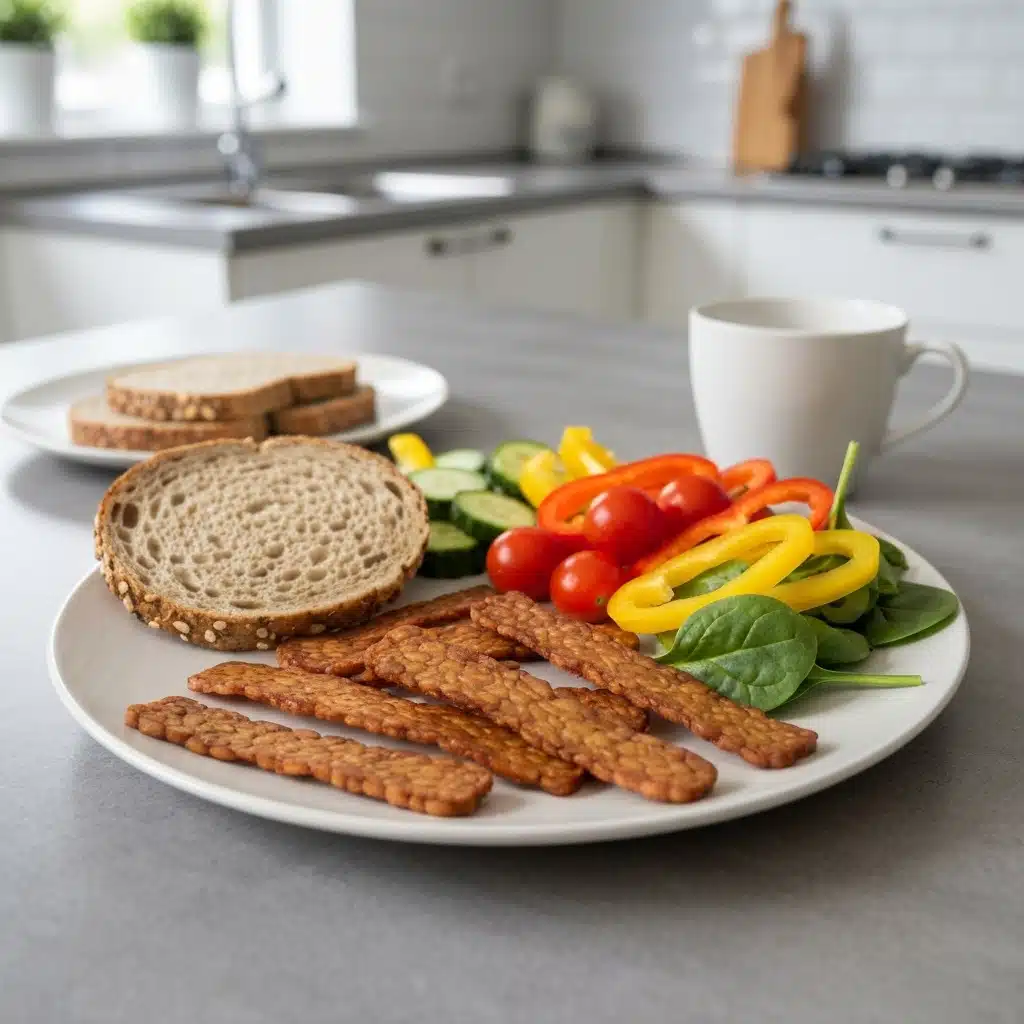 Crispy tempeh bacon breakfast plate