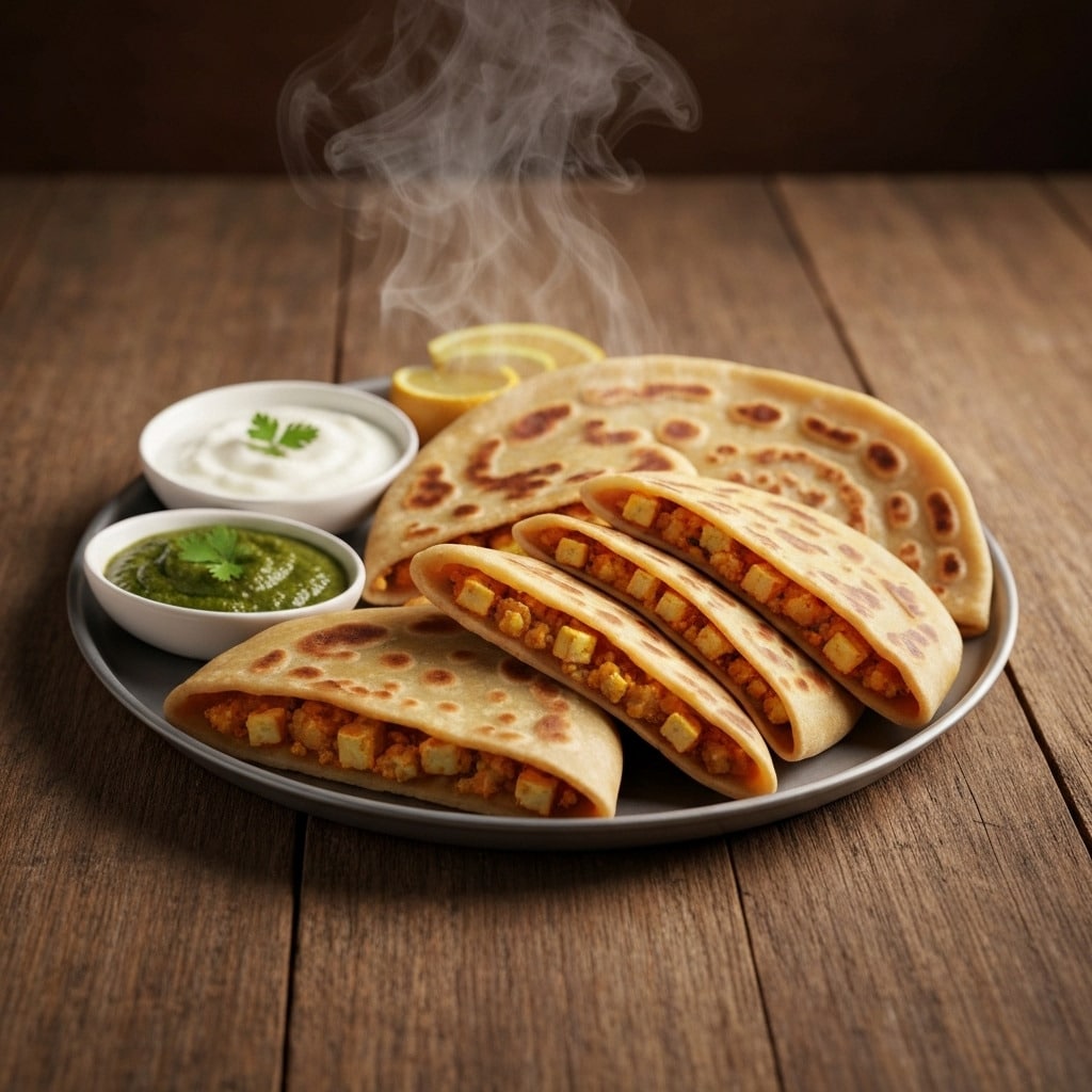 Paneer stuffed paratha breakfast meal