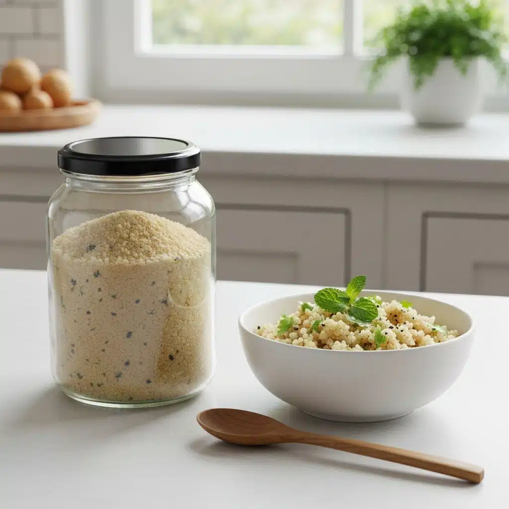 Rava upma mix and cooked upma bowl