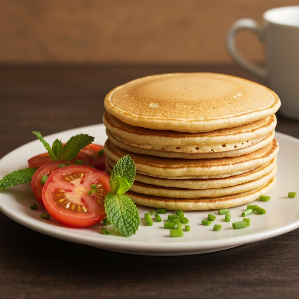 Vegan pancakes with veggies on plate 