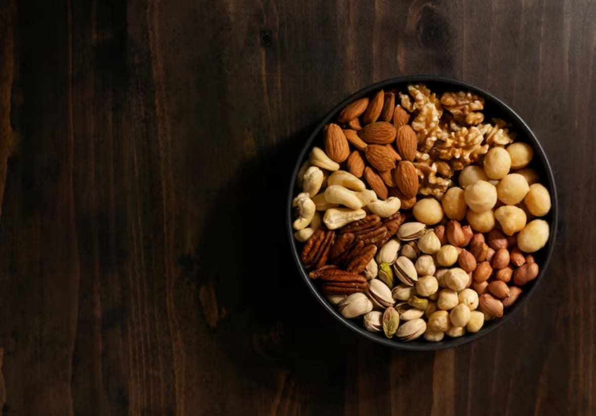 A handful of nuts in a bowl