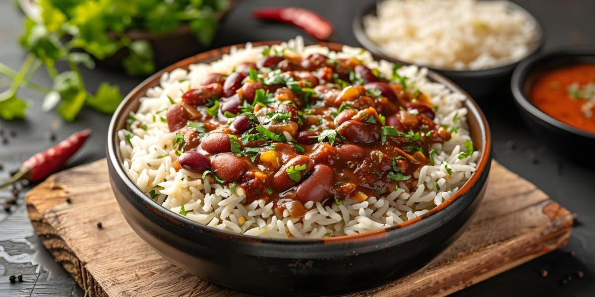 A bowl of rajma chawal with kidney bean curry served over steamed rice garnished with fresh coriander