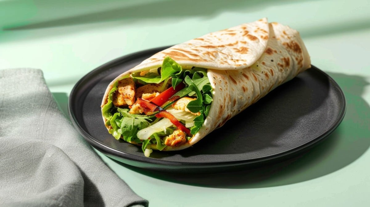 A paneer tikka wrap filled with grilled paneer fresh vegetables and greens served on a black plate