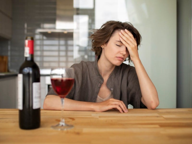 Which 10 Instant Hangover Cure Tips Should You Try Today? 1 A woman sitting at a table with a bottle and glass of red wine holding her head in discomfort as she experiences a hangover