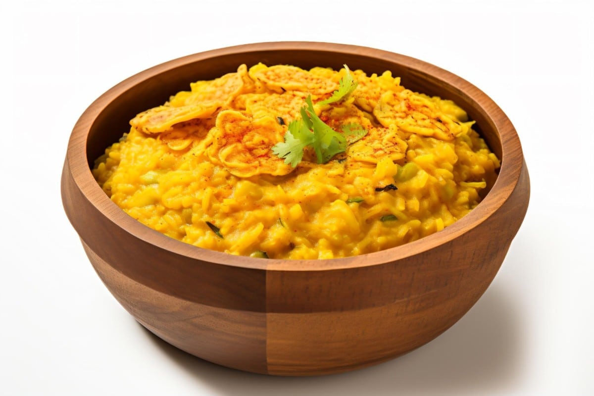 A wooden bowl filled with warm turmeric coloured moong dal khichdi topped with spices and fresh coriander