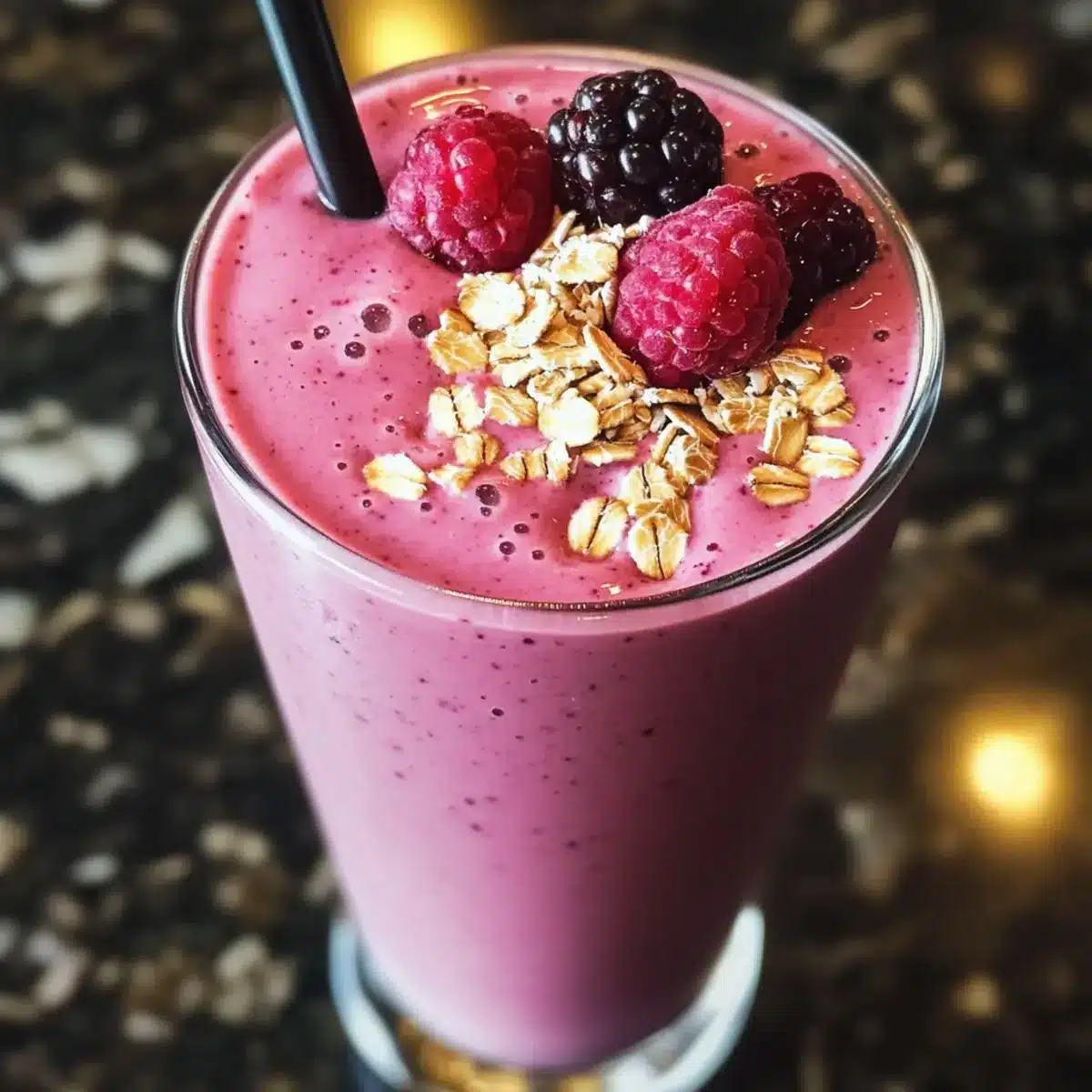 What Are the Benefits of Smoothies and Juices for Health? 2 Berry oat smoothie in a glass topped with mixed berries and oats