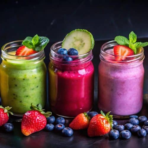 How to Make Smoothies at Home With Simple Ingredients? 16 Colourful homemade smoothies in glass jars with fresh berries cucumber mint and fruit toppings