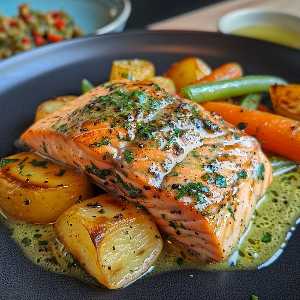 What Are Dietary Fats and Which Types Are Healthy? 14 Grilled salmon served with roasted vegetables and lemon wedges