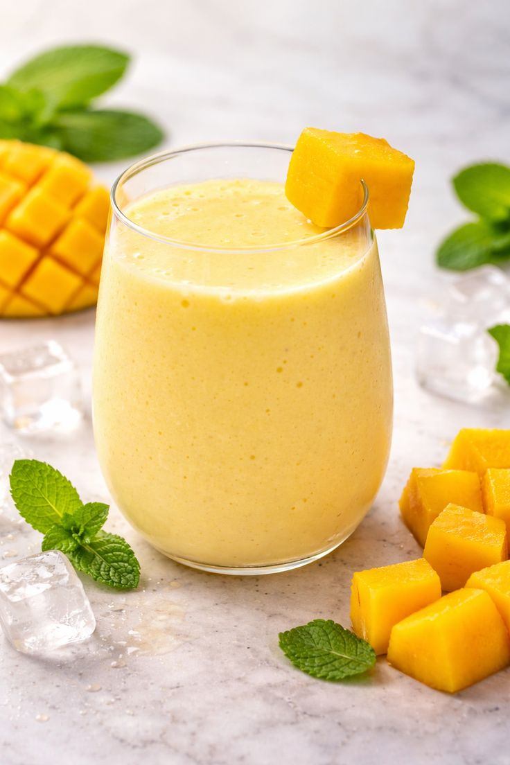 What Are the Benefits of Smoothies and Juices for Health? 6 Mango yoghurt smoothie served in a glass with fresh mango pieces