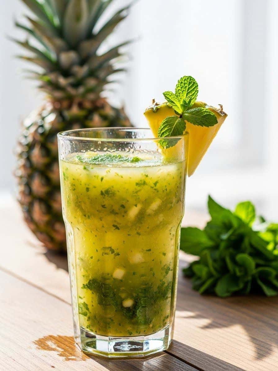 What Are the Benefits of Smoothies and Juices for Health? 9 Pineapple mint juice served with fresh pineapple pieces and mint leaves