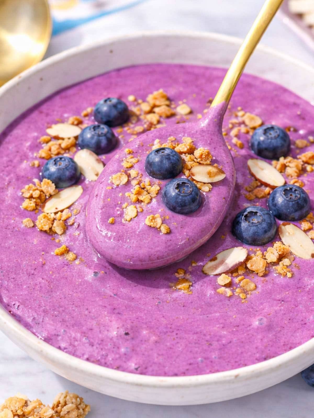How to Make Smoothies at Home With Simple Ingredients? 12 Spiced blueberry smoothie bowl topped with blueberries granola and seeds
