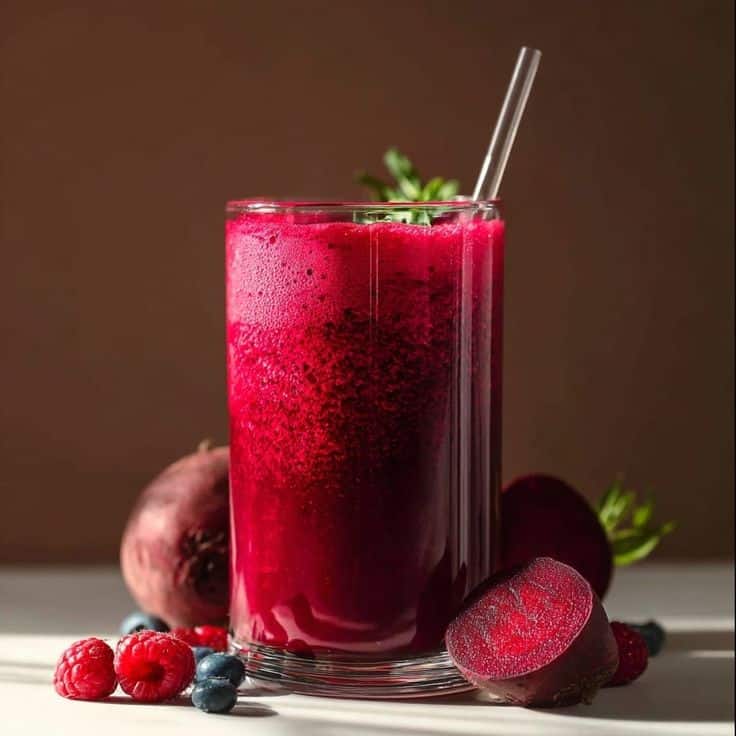 What Are the Health Benefits of Beetroot in Daily Diets? 12 Fresh beetroot juice served in a glass with chopped beetroot apple and mint leaves