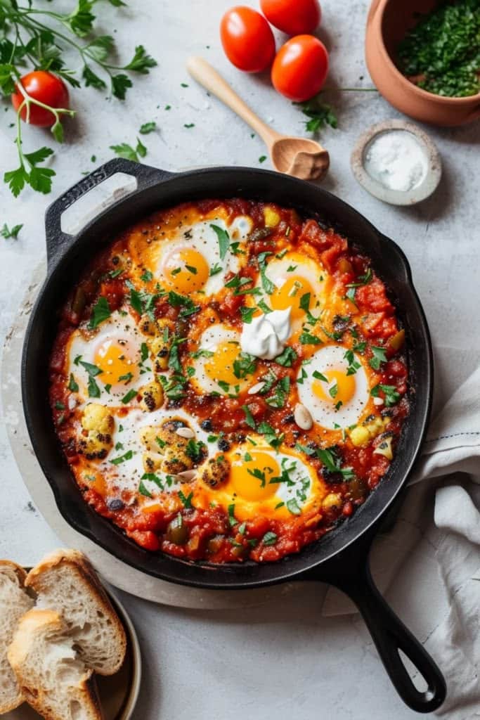 What Are the 25 Best Brunch Dishes for Weekend Meals? 32 Shakshuka with eggs cooked in spicy tomato sauce for brunch