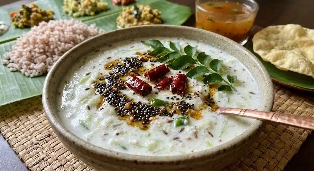What Buddha Purnima Special Food Should You Prepare? 9 A bowl of coconut cucumber pachadi topped with mustard seeds curry leaves and red chillies served as a cooling Buddha Purnima