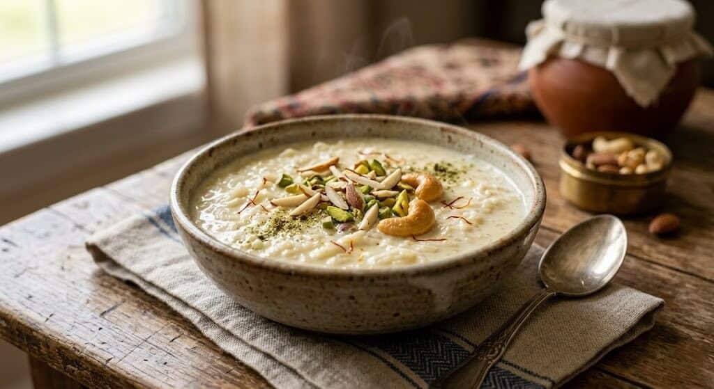 What Buddha Purnima Special Food Should You Prepare? 1 A bowl of creamy rice kheer garnished with saffron almonds and pistachios served as a traditional Buddha Purnima sweet