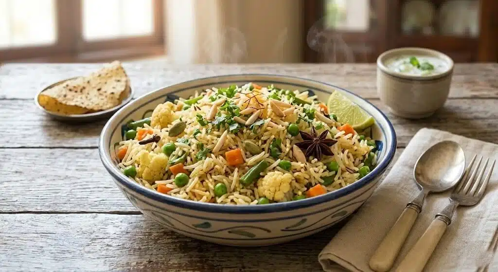 What Buddha Purnima Special Food Should You Prepare? 6 A bowl of light vegetable pulao with mixed vegetables and nuts garnished with herbs and served as a festive Buddha Purnima dish