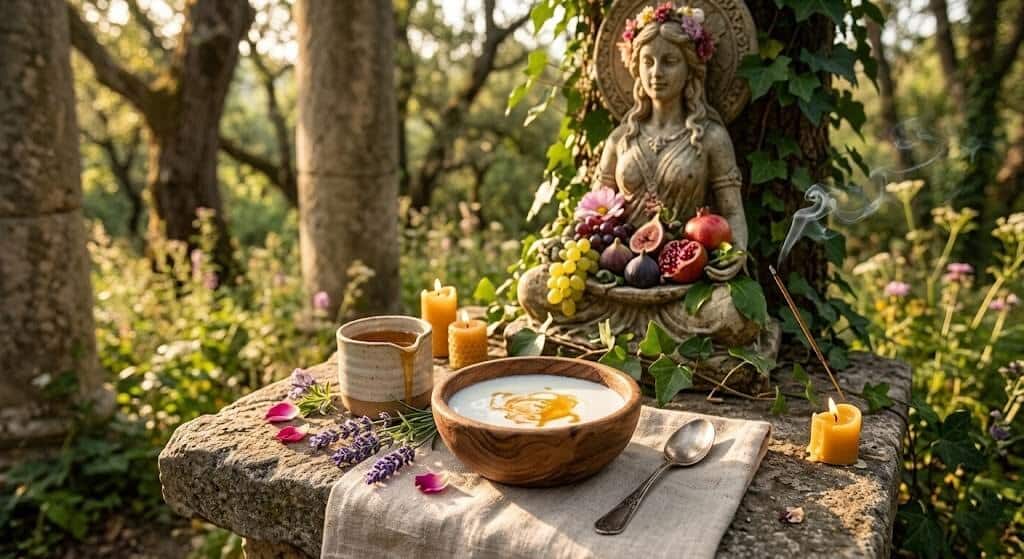 What Buddha Purnima Special Food Should You Prepare? 3 A bowl of milk with honey placed as an offering near a Buddha statue with fruits and candles during Buddha Purnima rituals