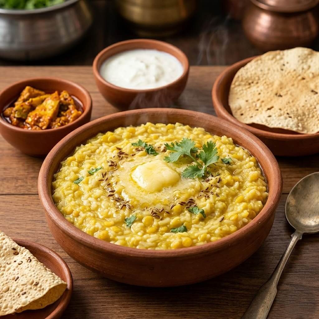 What Buddha Purnima Special Food Should You Prepare? 4 A bowl of moong dal khichdi topped with ghee and cumin seeds served with papad and curd as a simple Buddha Purnima meal