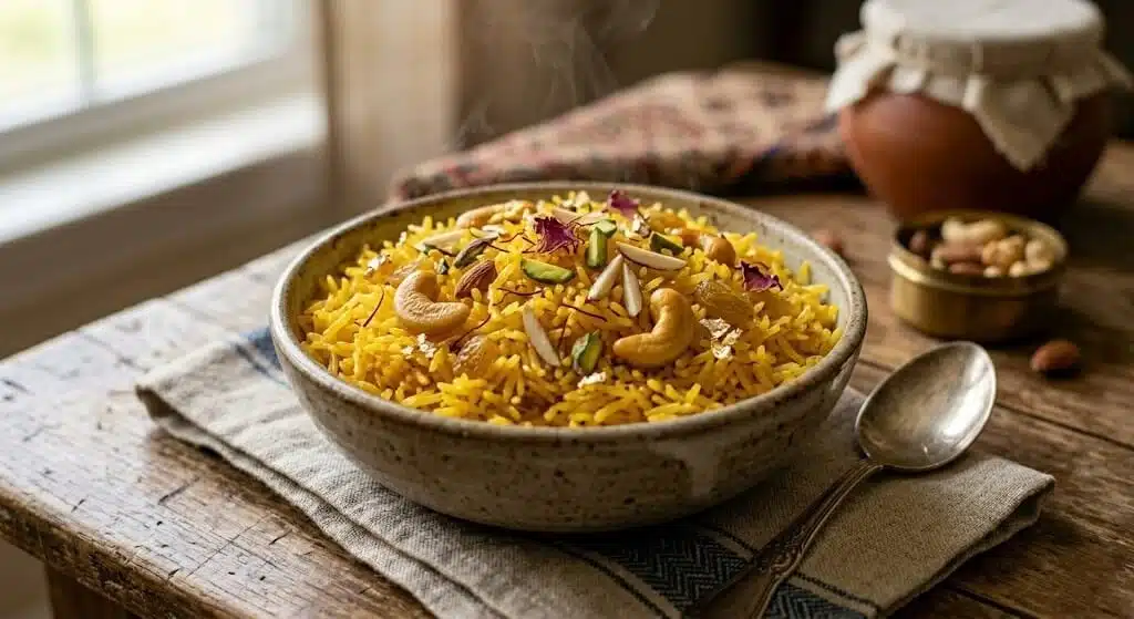 What Buddha Purnima Special Food Should You Prepare? 2 A bowl of sweet saffron rice garnished with cashews almonds and pistachios served as a festive Buddha Purnima dish