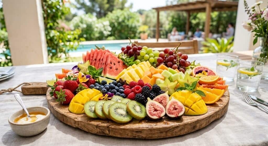 What Buddha Purnima Special Food Should You Prepare? 10 A colorful fresh fruit platter with watermelon mango berries kiwi grapes and citrus fruits arranged as a natural Buddha Pur