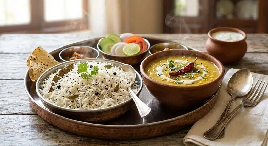 What Buddha Purnima Special Food Should You Prepare? 5 A serving of jeera rice with mild dal papad and salad on a traditional plate prepared as a simple Buddha Purnima meal