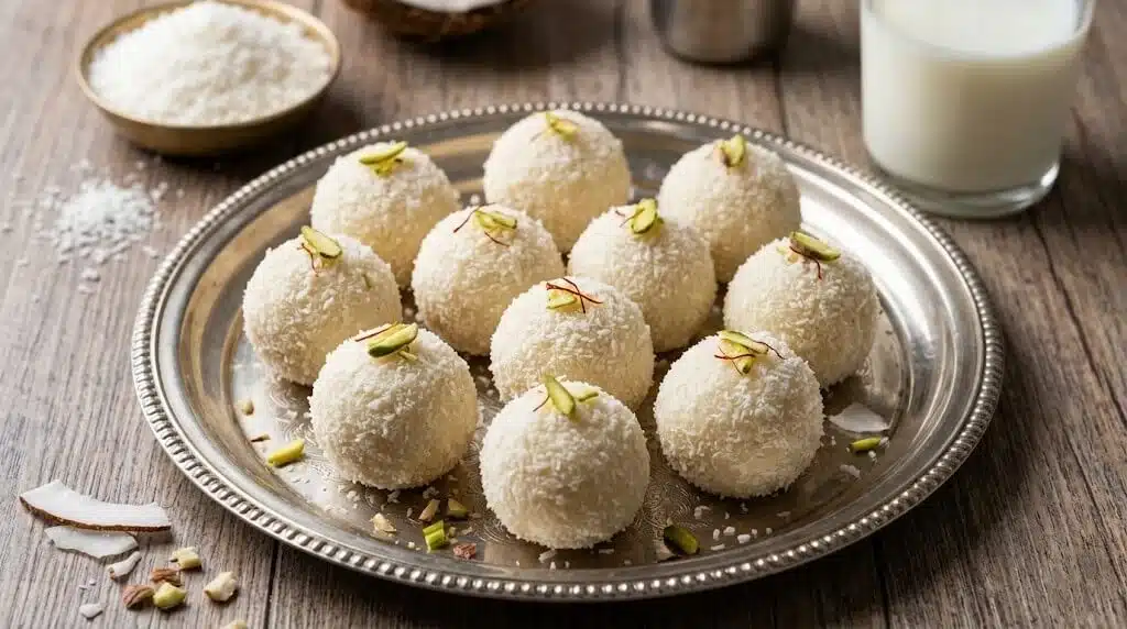 What Buddha Purnima Special Food Should You Prepare? 14 Coconut ladoo served on a plate made with grated coconut and garnished with pistachios