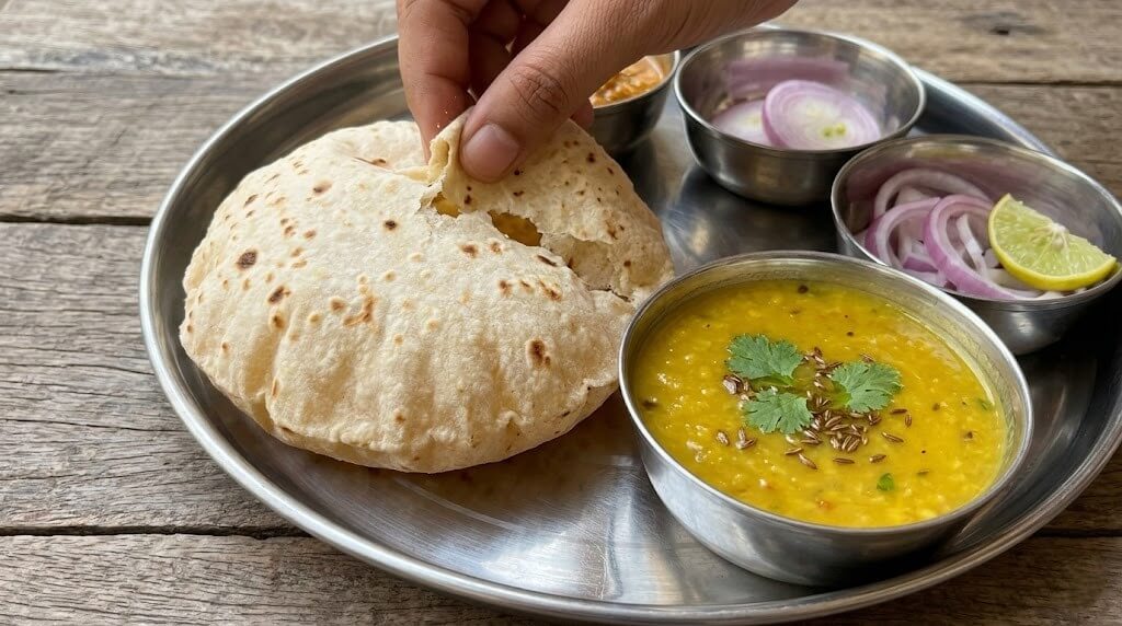 What Buddha Purnima Special Food Should You Prepare? 15 Soft phulka roti served with simple dal onion slices and lemon on a traditional plate representing a wholesome Buddha Purnima