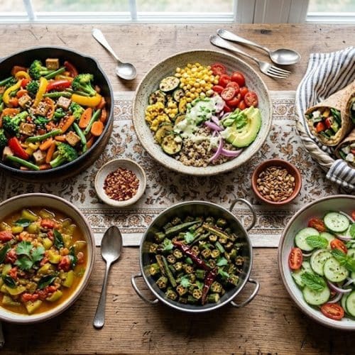What Are Easy Summer Veggie Recipes for Light Meals? 21 Assorted summer veggie recipes including stir fried vegetables veggie wraps salads and Indian dishes on a table