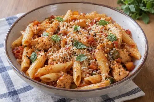 Chicken Penne Arrabbiata 5 Homemade Chicken Penne Arrabbiata, ready to serve