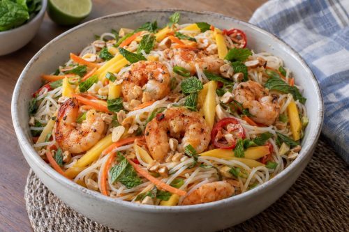 Homemade Grilled Shrimp and Rice Noodle Salad, ready to serve