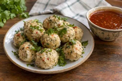 Spicy Fish Balls with Sweet and Sour Sauce 5 Homemade Spicy Fish Balls with Sweet and Sour Sauce, ready to serve